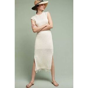 Callahan ivory natural nude cream round neck Isla open knit fringe midi dress